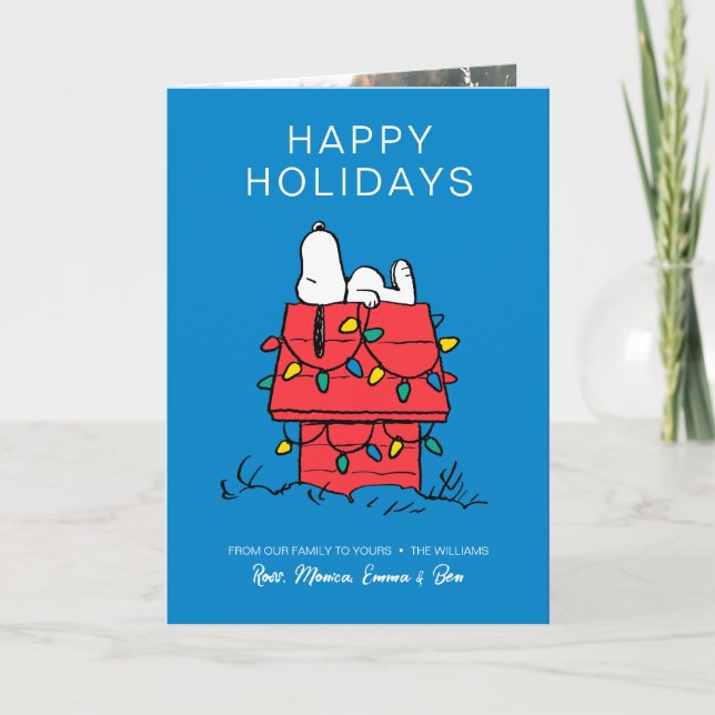 Cartes Pour Fêtes Annuelles Peanuts | La niche de Snoopy avec des lumières (Devant)