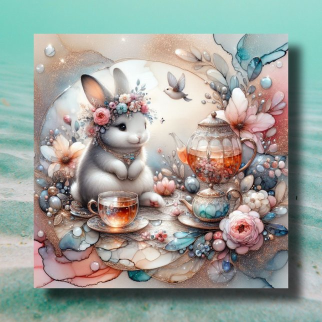 Cartes Pour Fêtes Annuelles Pêche Turquoise Aquarelle Bunny Tea Party Pâques (Créateur téléchargé)