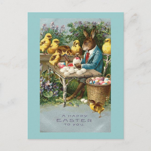 Cartes Pour Fêtes Annuelles Peinture de lapin OEufs de Pâques Vintage (Devant)
