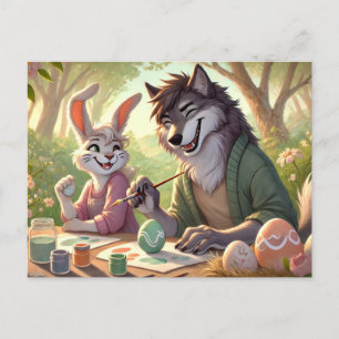 Cartes Pour Fêtes Annuelles Peinture d'Oeuf de Pâques - Loup et lapin Art amus