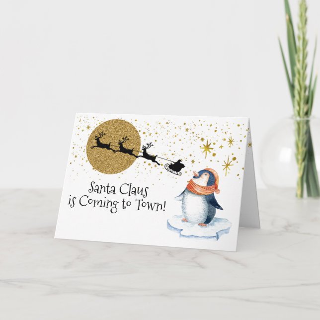 Cartes Pour Fêtes Annuelles Peinture moderne de Penguin Père Noël Sleigh Gold (Devant)