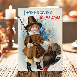 Cartes Pour Fêtes Annuelles Pèlerin Garçon vintage Et Turquie Thanksgiving