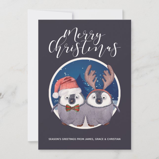 Cartes Pour Fêtes Annuelles Penguin Couple mignonne Père Noël et Reindeer Noël (Devant)
