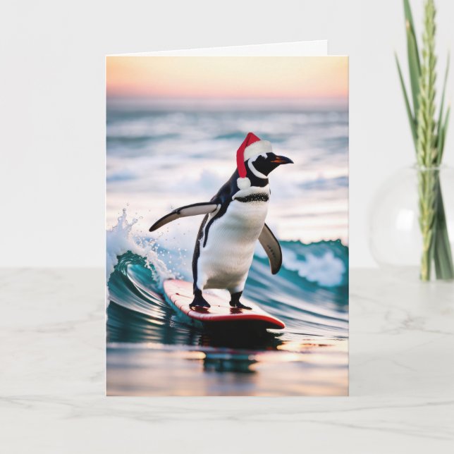 Cartes Pour Fêtes Annuelles Penguin de Noël surfer sur une vague (Devant)