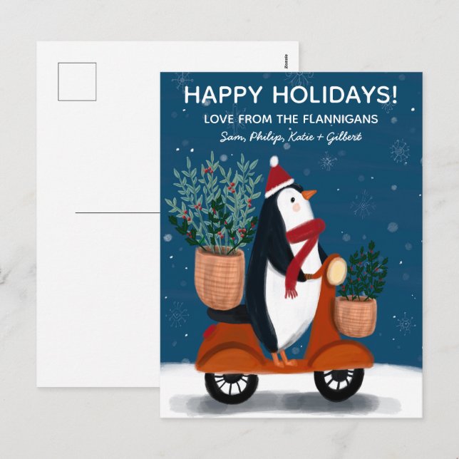Cartes Pour Fêtes Annuelles Penguin sur Scooter Cute Christmas Custom (Devant / Derrière)