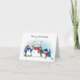 Cartes Pour Fêtes Annuelles Penguins building a cat snowman winter