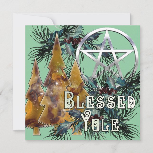 Cartes Pour Fêtes Annuelles Pentacle d'Argent de Yule Bénis de Houx et de Pin (Devant)