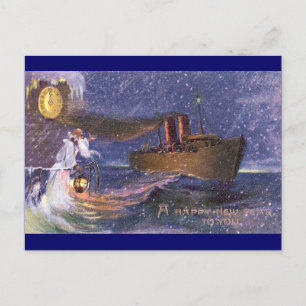 Cartes Pour Fêtes Annuelles Père Heure et bateau à vapeur Nouvel An Vintage