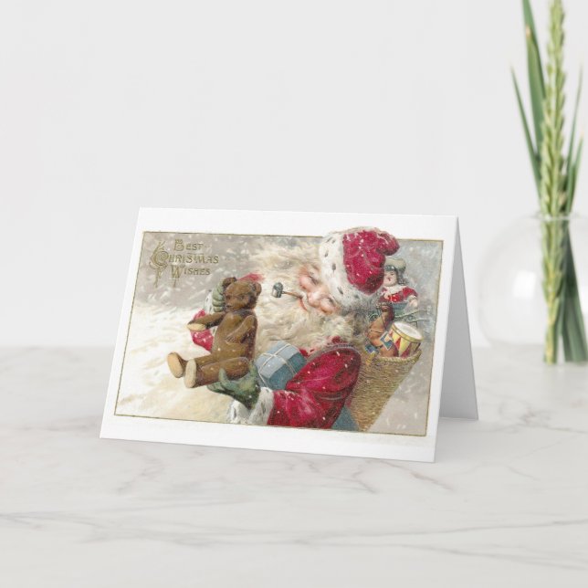 Cartes Pour Fêtes Annuelles père Noël 1913 avec ours en peluche et tuyau (Devant)