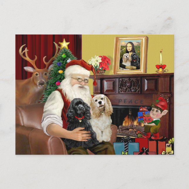 Cartes Pour Fêtes Annuelles Père Noël 2 Espagnols de Cocker (Devant)