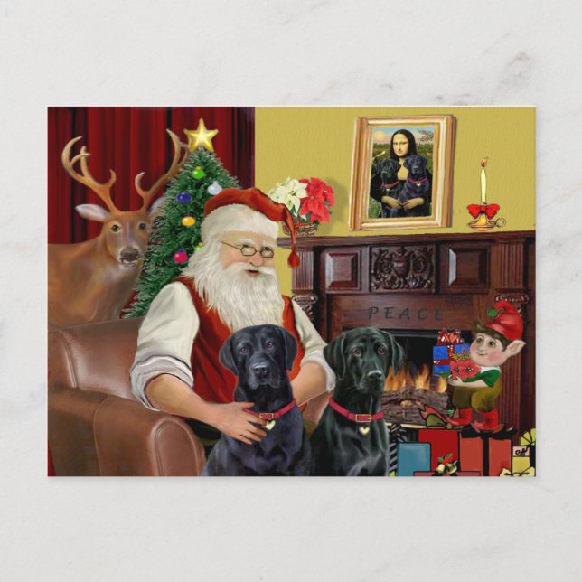 Cartes Pour Fêtes Annuelles Père Noël 2 labradors (noir) (Devant)