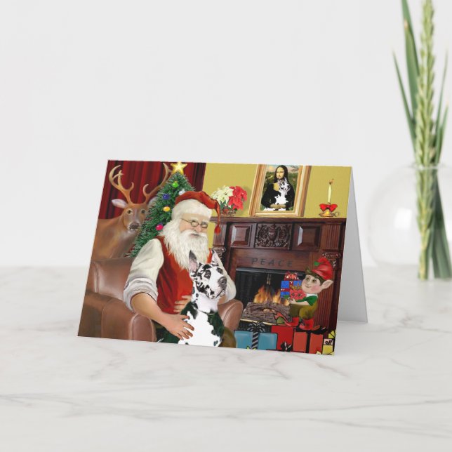 Cartes Pour Fêtes Annuelles Père Noël à la maison - Great Dane (Arlequin) (Devant)