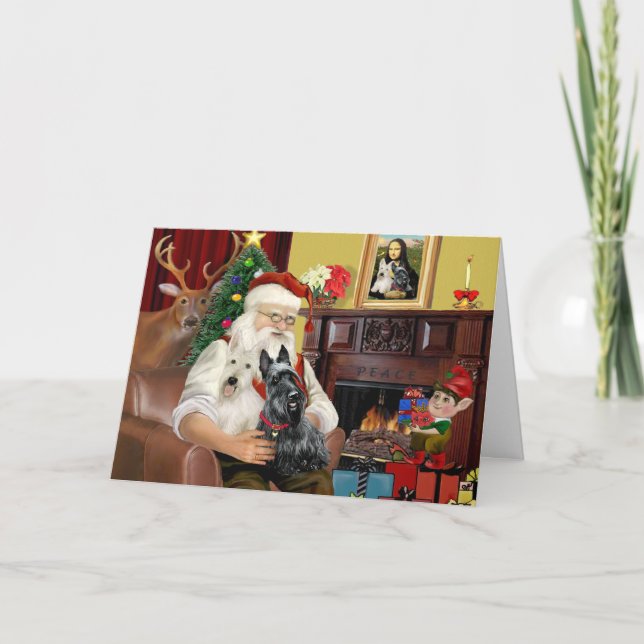 Cartes Pour Fêtes Annuelles Père Noël à la maison - Scottish Terriers (deux) - (Devant)