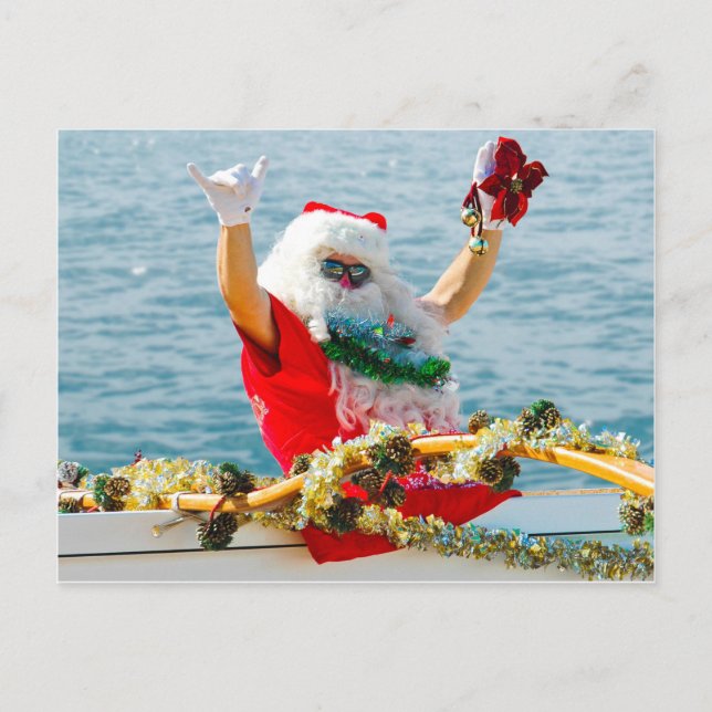 Cartes Pour Fêtes Annuelles Père Noël arrivant dans un canoë (Devant)