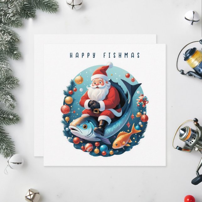 Cartes Pour Fêtes Annuelles Père Noël assis sur un poisson. (Créateur téléchargé)