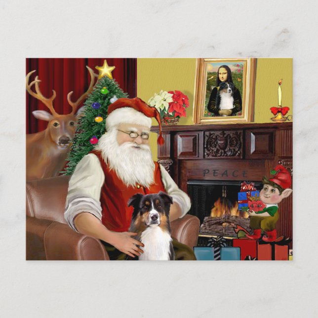 Cartes Pour Fêtes Annuelles Père Noël Australian Shepherd (tri) (Devant)