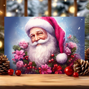 Cartes Pour Fêtes Annuelles Père Noël aux fleurs roses Noël