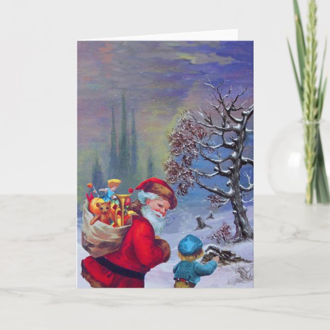 CARTES POUR FÊTES ANNUELLES PÈRE NOËL AVEC ENFANT DANS LA NEIGE D'HIVER (Devant)