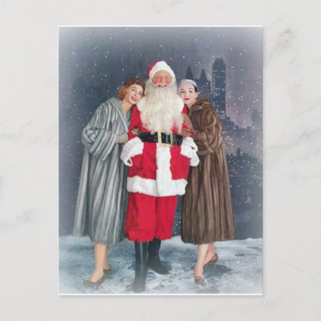 Cartes Pour Fêtes Annuelles Père Noël Avec Les Filles Des Années 1950 (Devant)