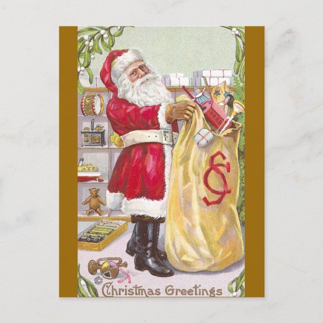 Cartes Pour Fêtes Annuelles Père Noël avec un sac plein de jouets (Devant)