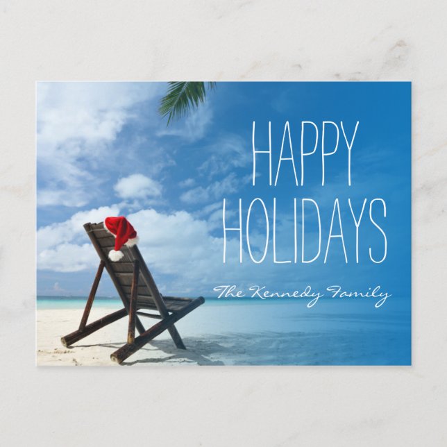 Cartes Pour Fêtes Annuelles Père Noël Chaise Lounge Sur La Plage (Devant)