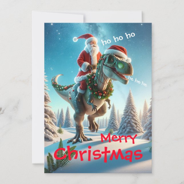 Cartes Pour Fêtes Annuelles Père Noël chevauchant un dinosaure  (Devant)
