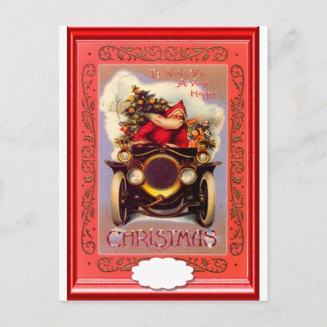 Cartes Pour Fêtes Annuelles Père Noël conduisant une voiture de vétéran (Devant)