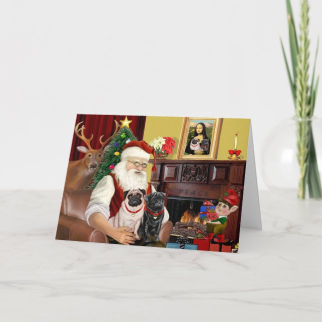 Cartes Pour Fêtes Annuelles Père Noël de 2 Carlins (fawn + noir) (Devant)