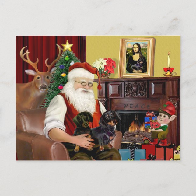 Cartes Pour Fêtes Annuelles Père Noël de 2 Dachshunds (b-t) (Devant)