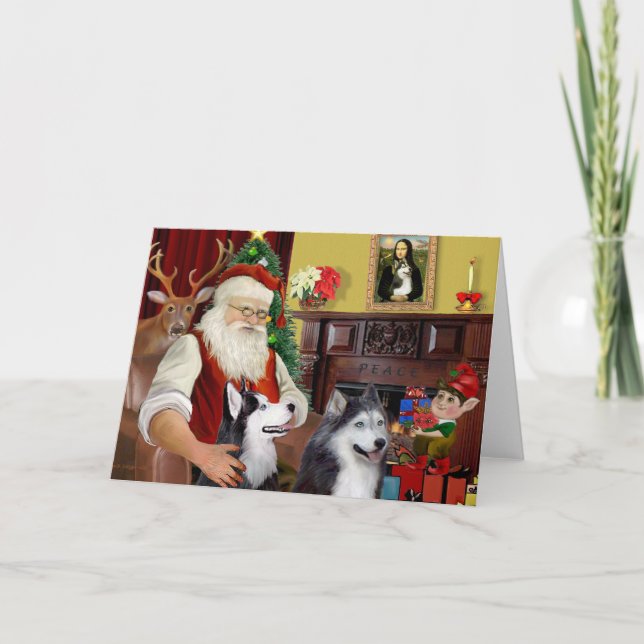 Cartes Pour Fêtes Annuelles Père Noël de deux Huskies sibériens (Devant)