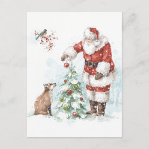 Cartes Pour Fêtes Annuelles Père Noël Décorant un Arbre avec ses Amis de la Fo