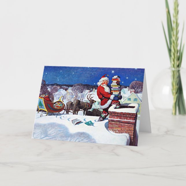 Cartes Pour Fêtes Annuelles Père Noël descendant la cheminée avec une cargaiso (Devant)