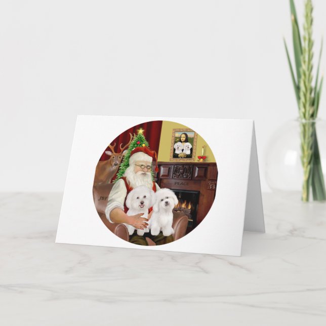Cartes Pour Fêtes Annuelles Père Noël Deux Bichon Frise (Devant)