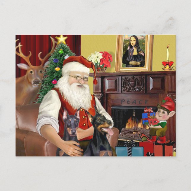 Cartes Pour Fêtes Annuelles Père Noël, deux Dobermans (Devant)