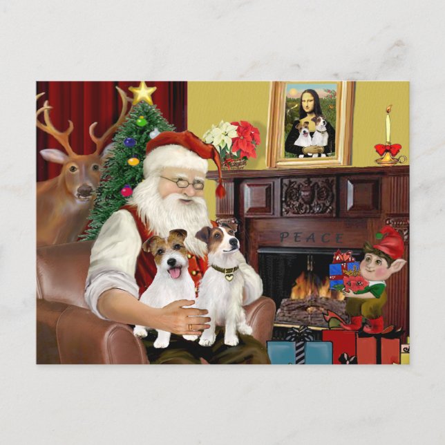 Cartes Pour Fêtes Annuelles Père Noël deux Jack Russell Terriers (Devant)