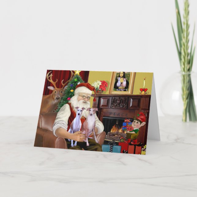 Cartes Pour Fêtes Annuelles Père Noël : deux Whippets (Devant)