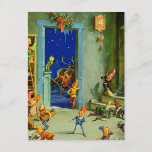 Cartes Pour Fêtes Annuelles Père Noël Elves Travaillant à son atelier sur le p