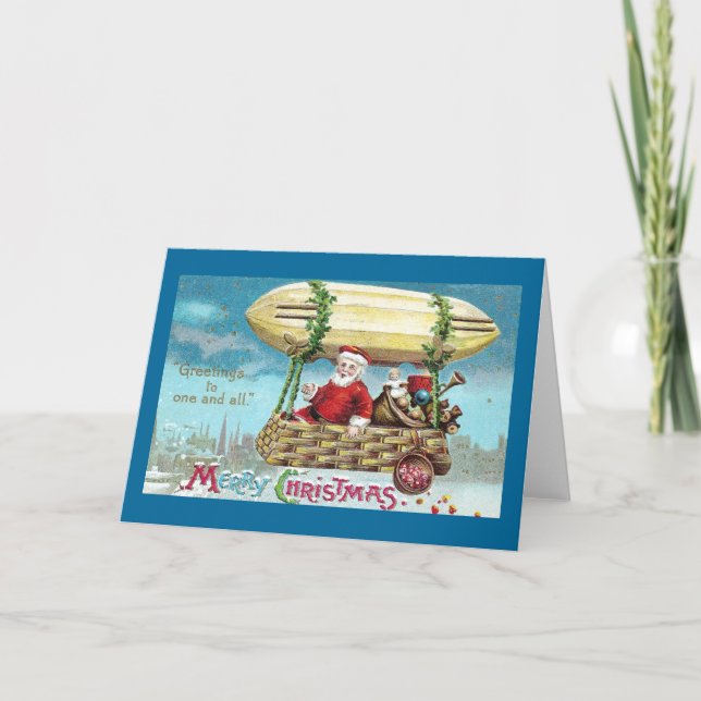 Cartes Pour Fêtes Annuelles Père Noël équitation dans Blimp Vintage Noël (Devant)