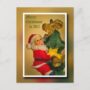 Cartes Pour Fêtes Annuelles Père Noël Escalade l'arbre de Noël - Vintage