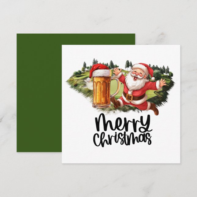 Cartes Pour Fêtes Annuelles Père Noël et bière pour Noël Funny Golfer (Devant / Derrière)
