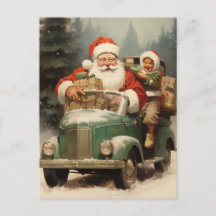 Père Noël et enfant dans une petite voiture verte