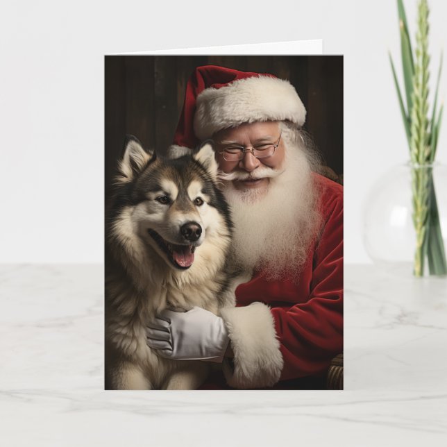 Cartes Pour Fêtes Annuelles Père Noël et Malamute (Devant)