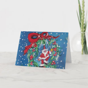 CARTES POUR FÊTES ANNUELLES PÈRE NOËL ET NOËL COURONNE DE NUIT AVEC RIBBON ROU