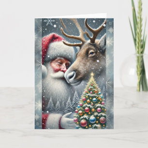 Cartes Pour Fêtes Annuelles Père Noël Et Reindeer, Forêt Neige, Arbre De Noël 