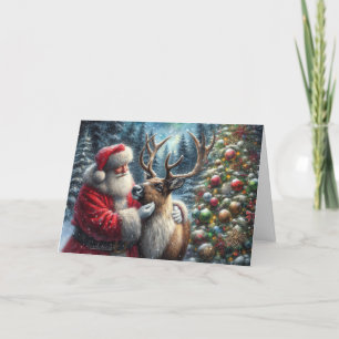 Cartes Pour Fêtes Annuelles Père Noël Et Reindeer, Forêt Neige, Arbre De Noël 