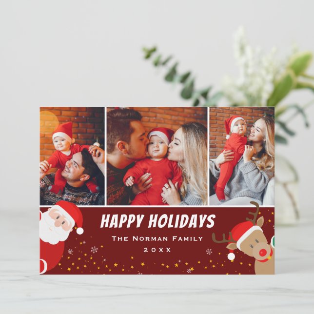 Cartes Pour Fêtes Annuelles Père Noël et Reindeer Joyeux Noël 3 Photo (Debout devant)
