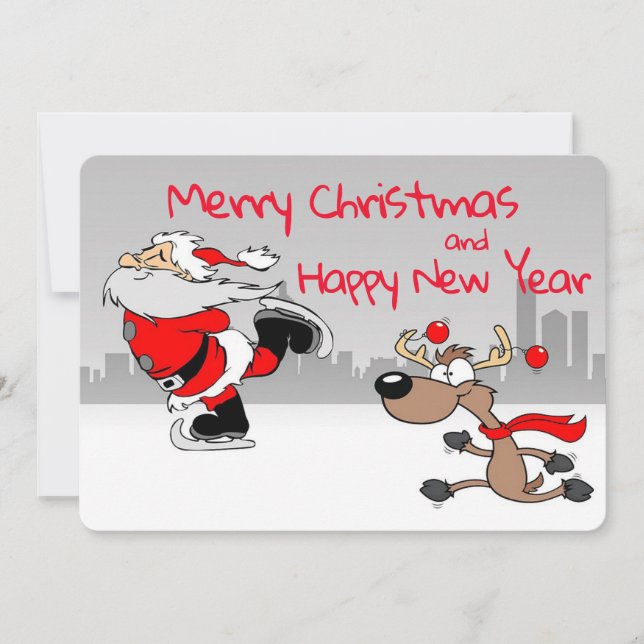 Cartes Pour Fêtes Annuelles Père Noël et Reindeer Patinage sur glace (Devant)