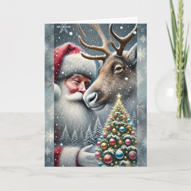 Cartes Pour Fêtes Annuelles Père Noël et Renne, Forêt enneigée, Sapin de Noël  (Devant)