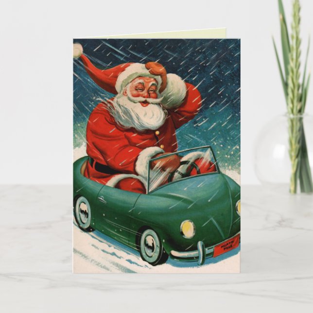 Cartes Pour Fêtes Annuelles Père Noël et sa voiture électrique (Devant)