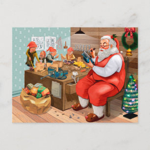 Cartes Pour Fêtes Annuelles Père Noël et ses elfes dans l'atelier